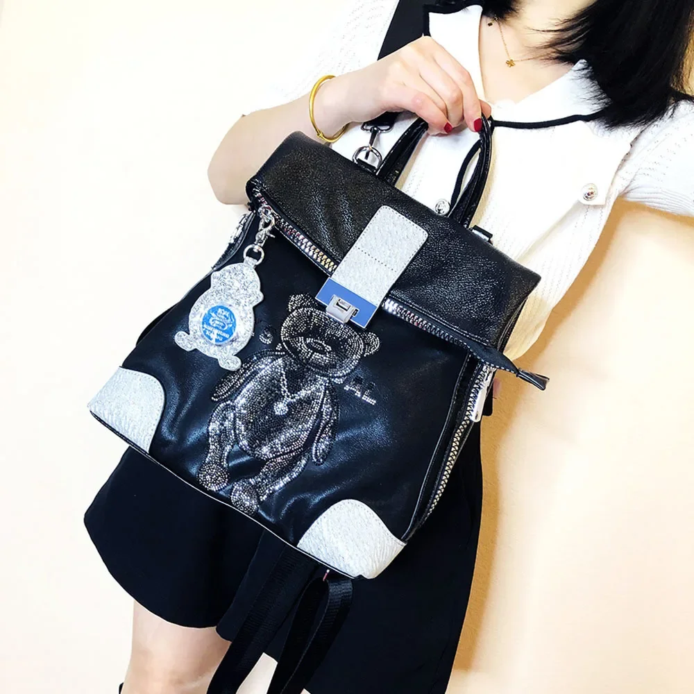 Female Fashion High Quality Leather Rhinestone Cartoon Bear Backpack Lady Casual Korean Stylish Travel Roomy Everyday Daypack