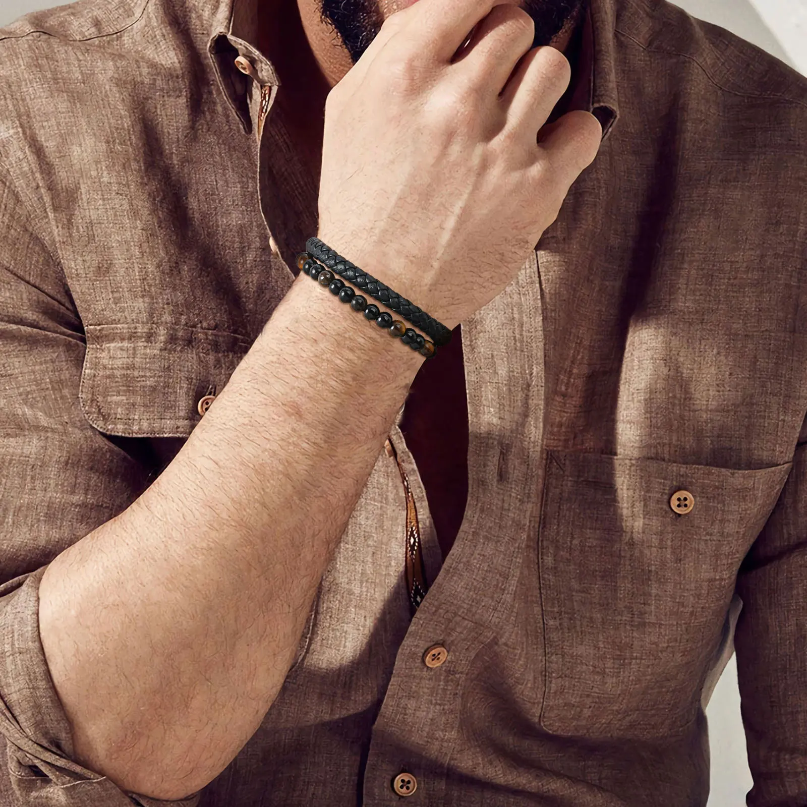 Vnox Mehrschichtiges Geflochtenes Lederarmband für Männer, Tigerauge Lapislazuli Perlen Magnetverschluss Armband Trendiger Männerschmuck Geschenk – Detail 3