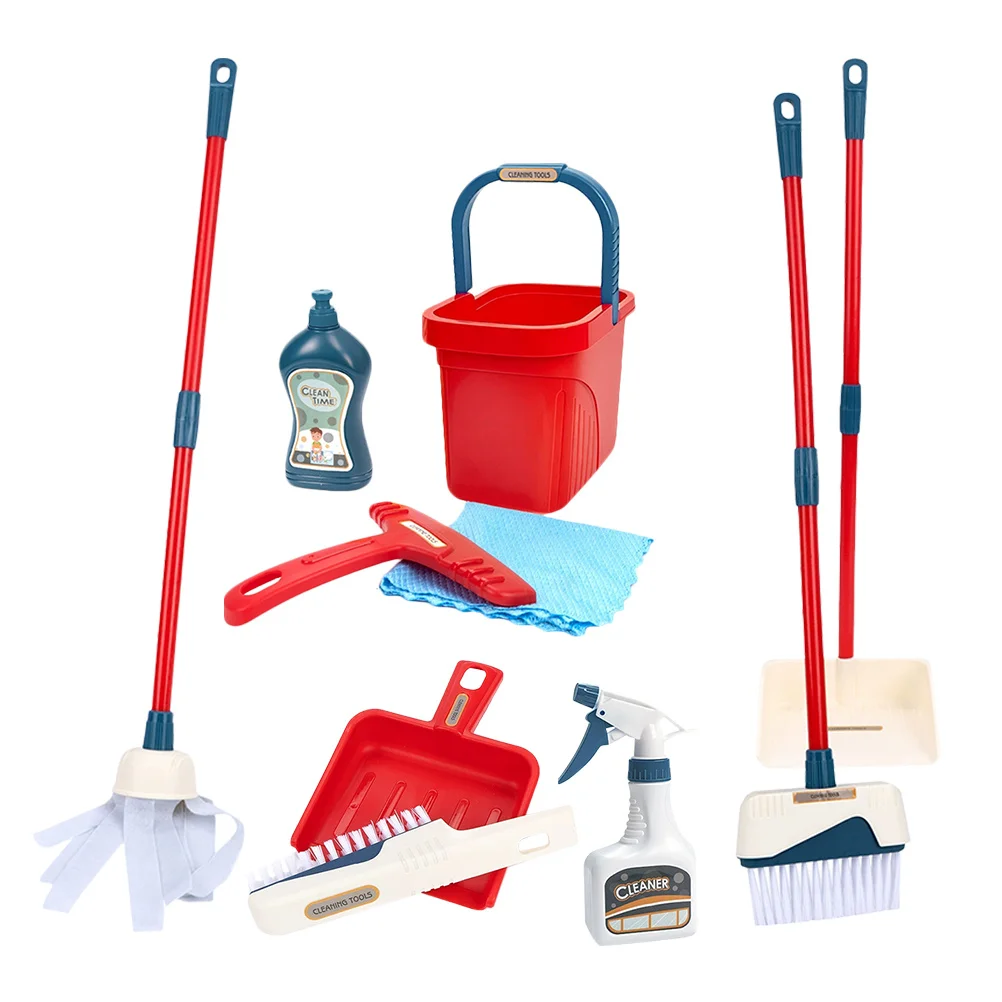 Juego de limpieza realista para niños, Kit de limpieza para juego de imitación, fregona, escoba, recogedor, cubo, raspador en aerosol, vástago ligero, 1 Juego