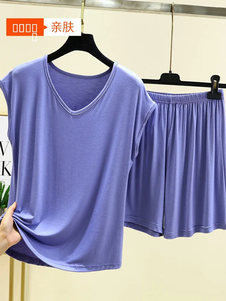 

Комплект одежды из модала V-Ne Svel, женская летняя тонкая домашняя одежда, повседневная уличная футболка большого размера, однотонная футболка orts