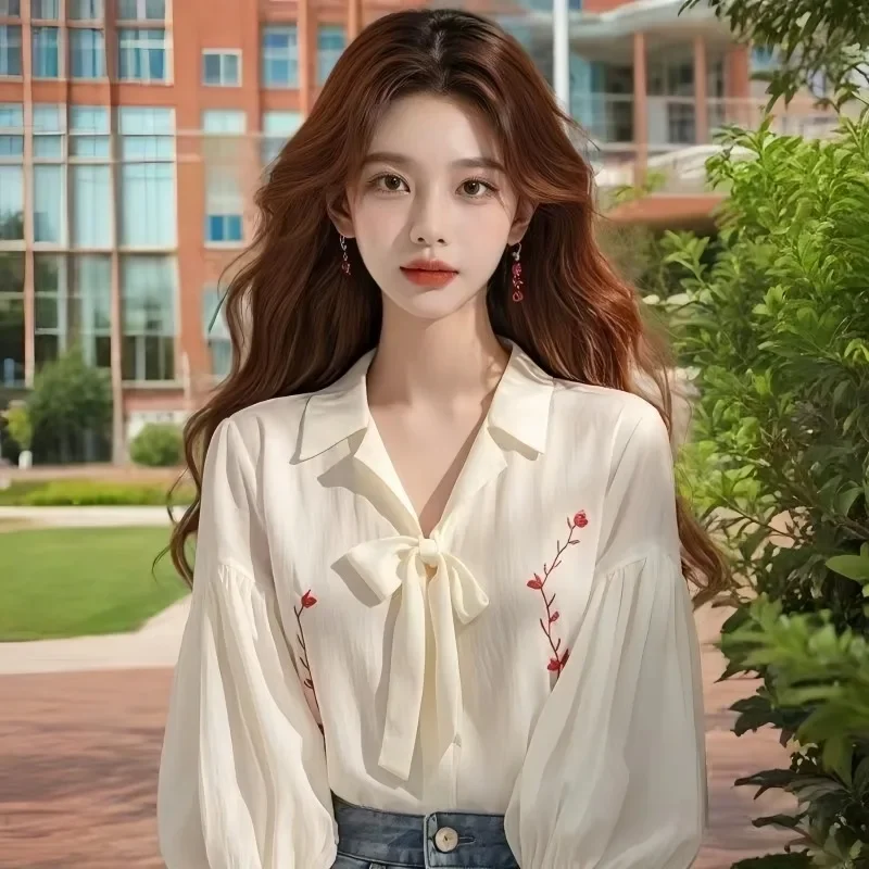 بلوزات شيفون نسائية قمصان كورية مطبوعة موضة فضفاضة للربيع/الصيف بفيونكة ملابس عتيقة بأكمام طويلة ملابس علوية للسيدات