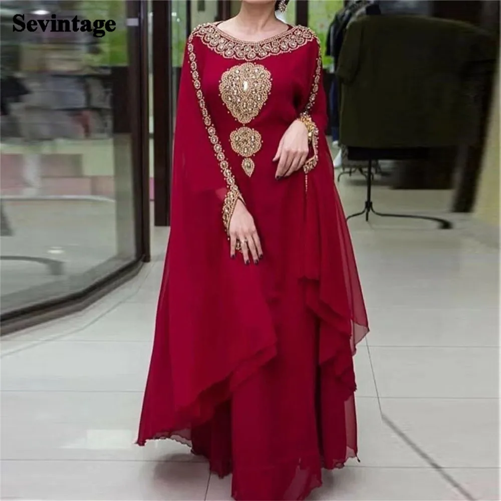 

Sevintage Elegant Chiffon Straight Prom Dress O-Neck Long Flare Sleeves Appliques Floor Length Evening Dress robes de soirée