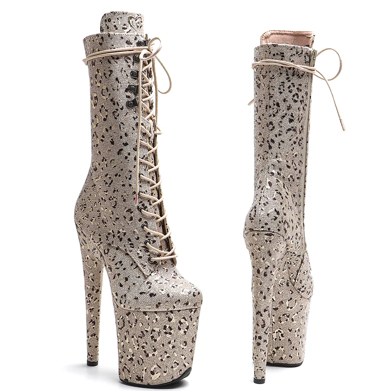Leecabe 20CM/8Inch Leopard print Glitter upper Platform disco party High Heels Shoes Pole Dance boot