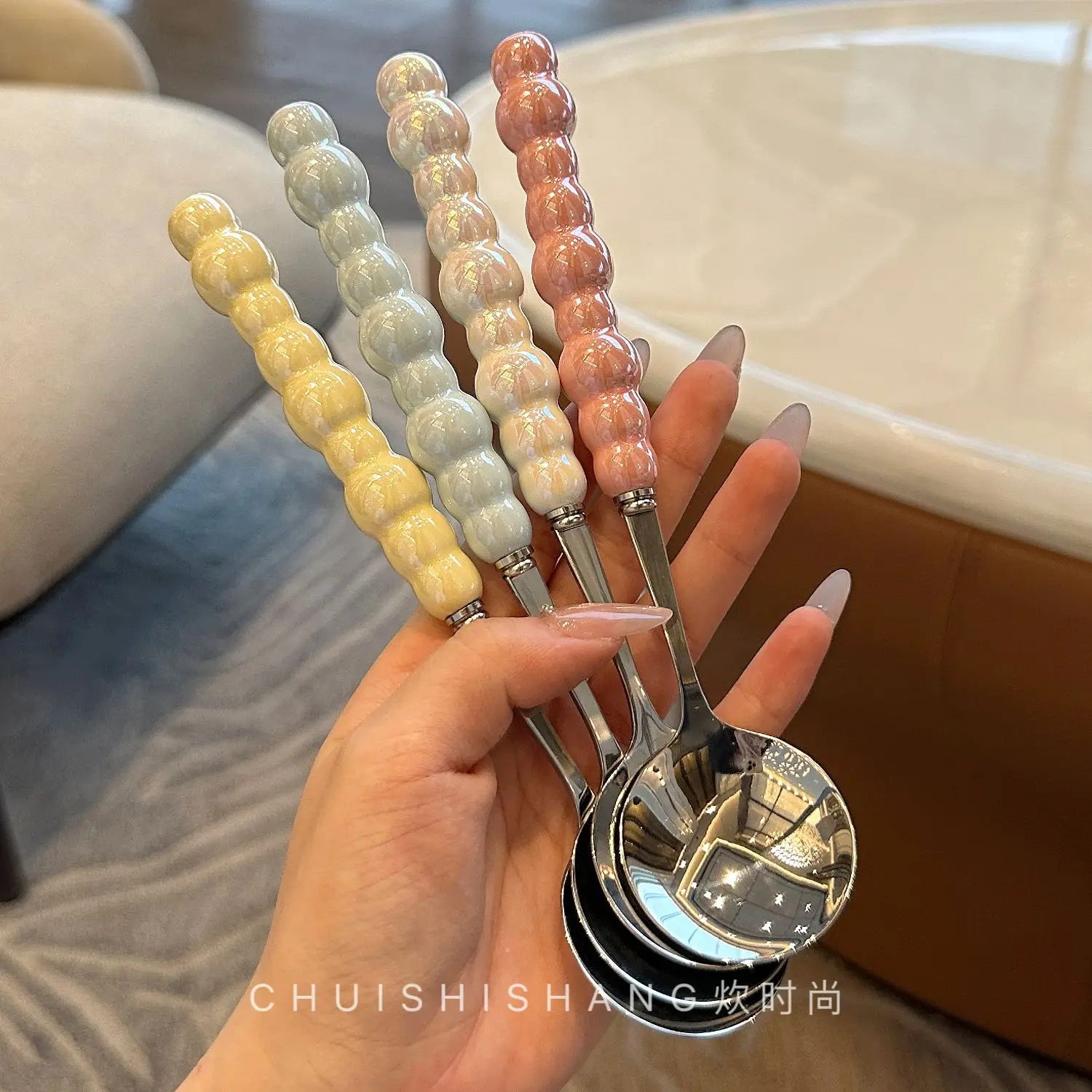 

Pearl Handle Spoon Stainless Steel Stirring Spoons Ice Cream Cake Dessert Spoon Bar Kitchen Accessories Party Cutlery Gadgets