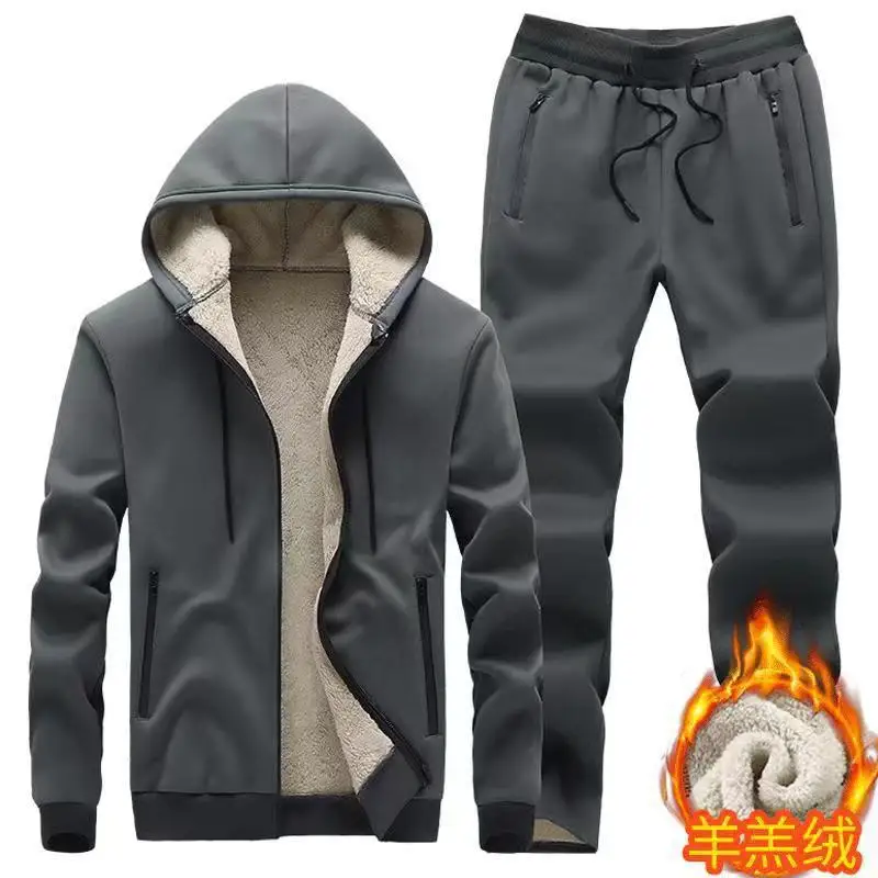 

Mens Lamb Fleece Sweatshirt Set Winter Warm Thickened Hooded Cardigan Jacket Casual Sports Outfit for Middle Aged