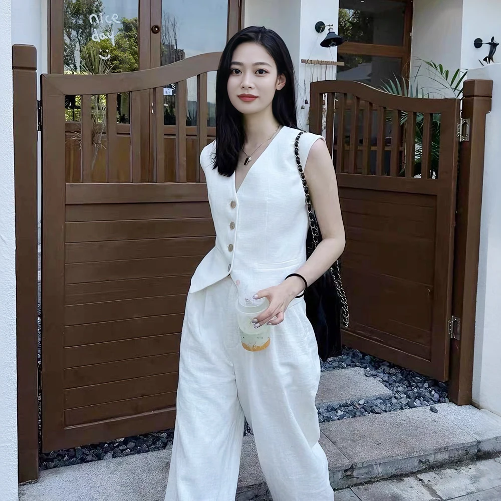 

Summer 2025 Casual Cotton Linen Set High Waist Wide Leg Pants Top And Vest Two Piece Set Korean Style Fashionable Women's Clo...