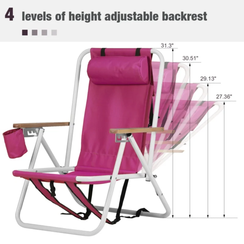 Silla de playa plegable, mochila portátil de 4 posiciones, silla de camping plegable con reposacabezas, portavasos y reposabrazos de madera