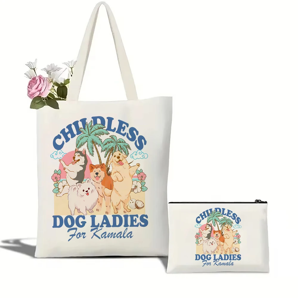 Childless Dog Guys for Kamala Harris Canvas Tote Bag Large Capacity Shopping Bags Cartoon Female Shoulder Handbag Girl Handbags