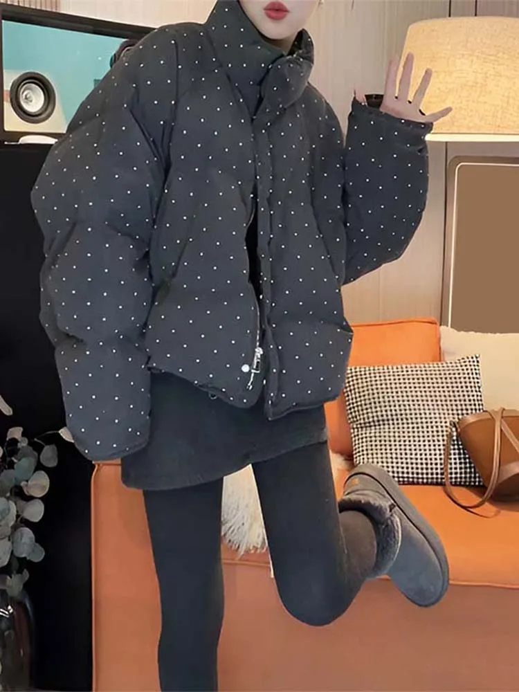 

Модная утепленная хлопковая куртка в горошек для женщин, новая зимняя повседневная свободная хлопковая куртка в корейском стиле для поездок на работу