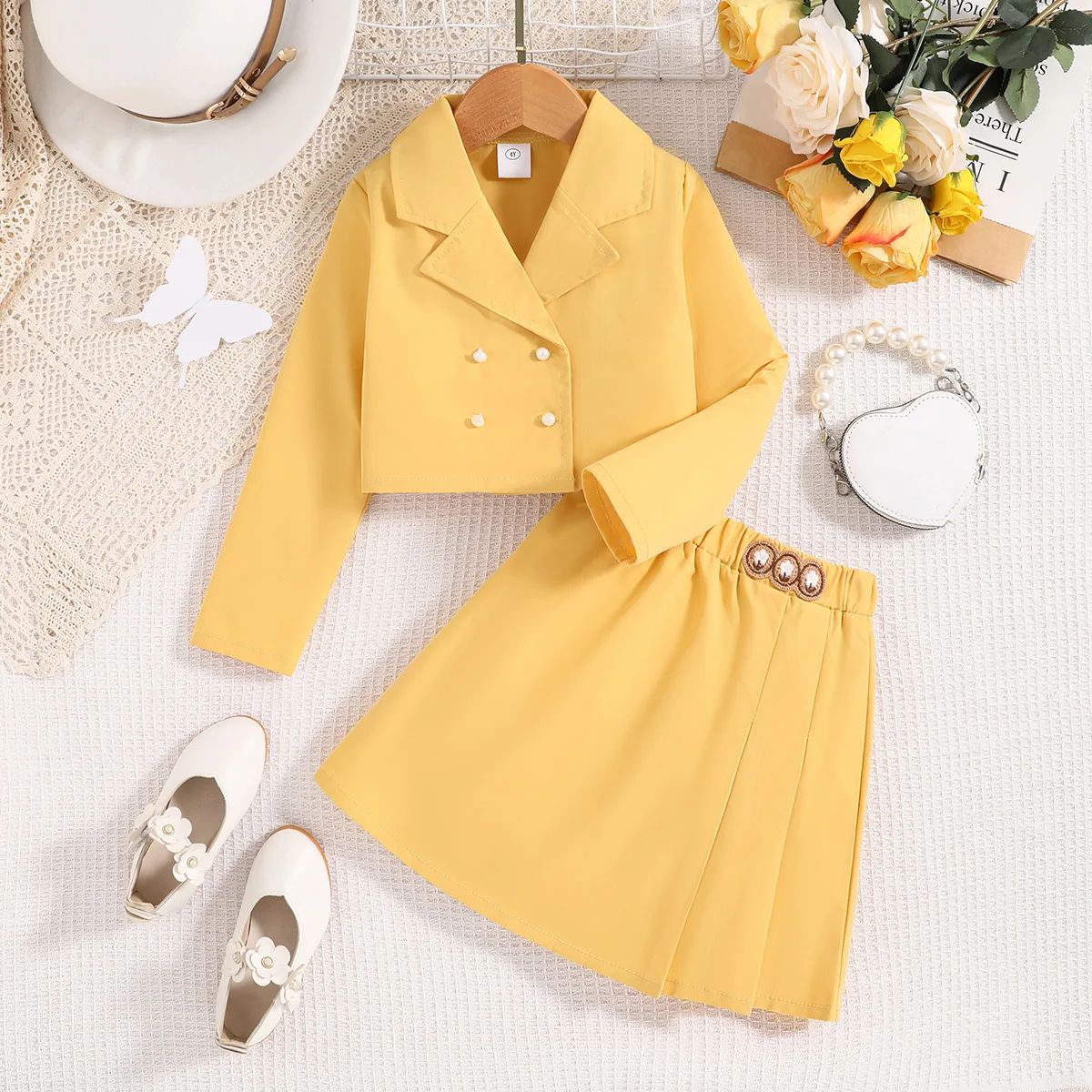 Kids Clothes Set 4-7 Years Spring Autumn Girls Short Yellow Suit Jacket + Skirt Elegant Fashion Children Baby Formal Clothes Set