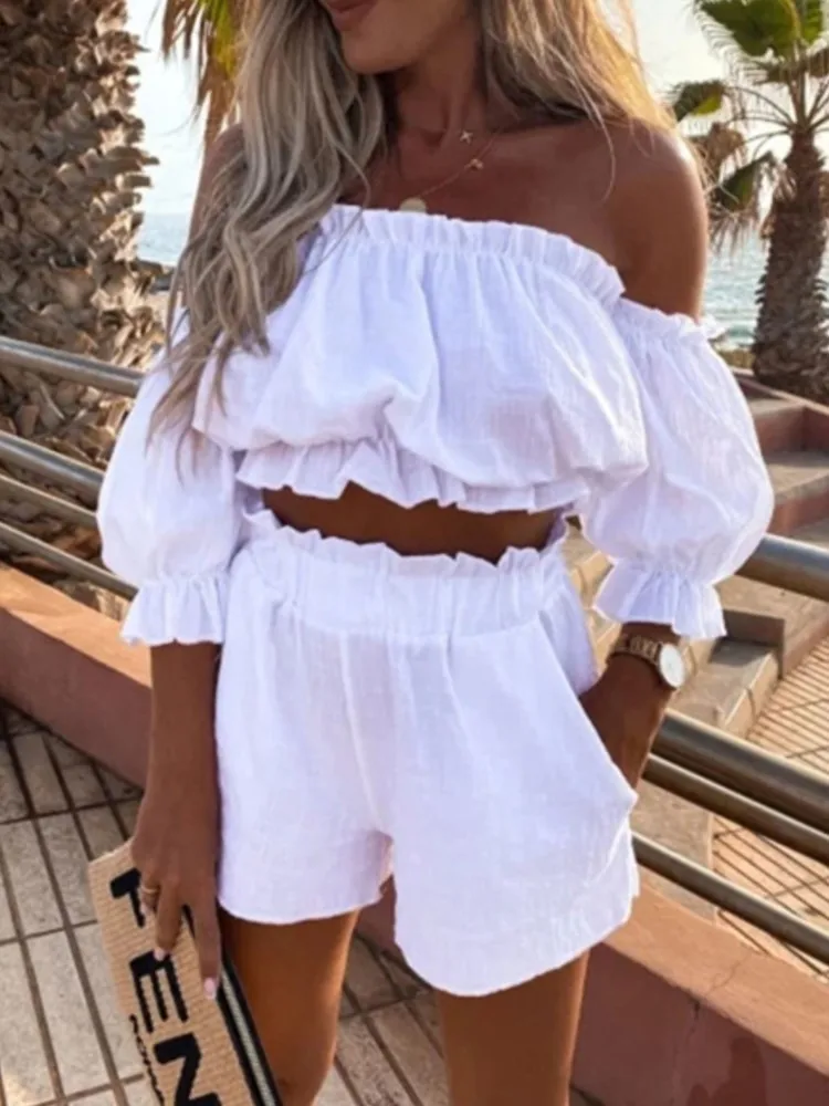 Summer Fashion Sexy Women\'s Two Piece Set Suit Strapless Puff Sleeve Solid Super-short Top Set Party 2 Piece Set For Women 2024