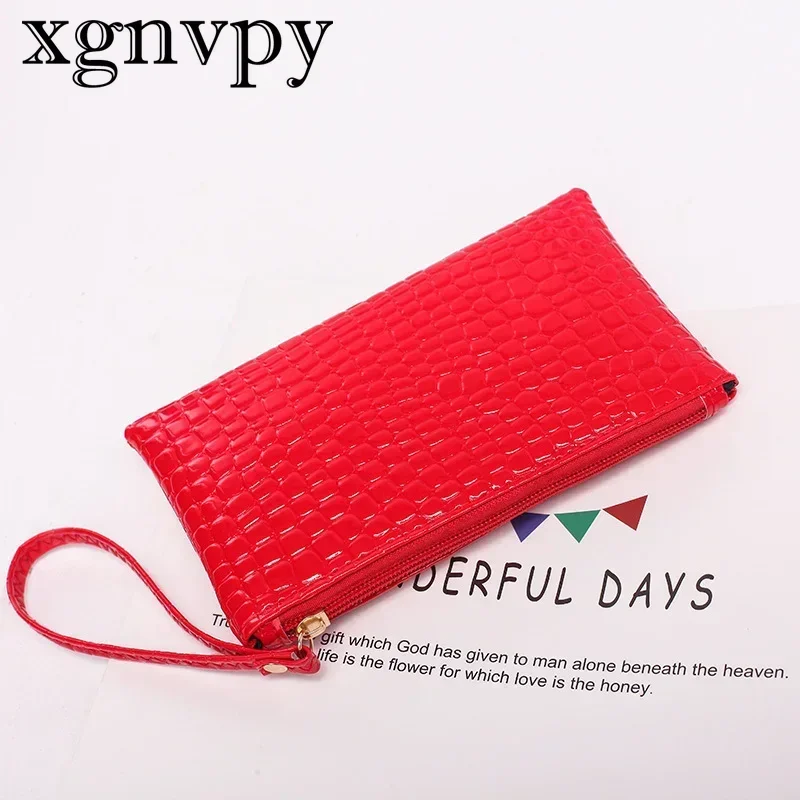 Xgnvpy-cartera de mano de PU para mujer, cartera elegante de grano de lichi, bolsillo para teléfono, muñequera, tarjetero de crédito