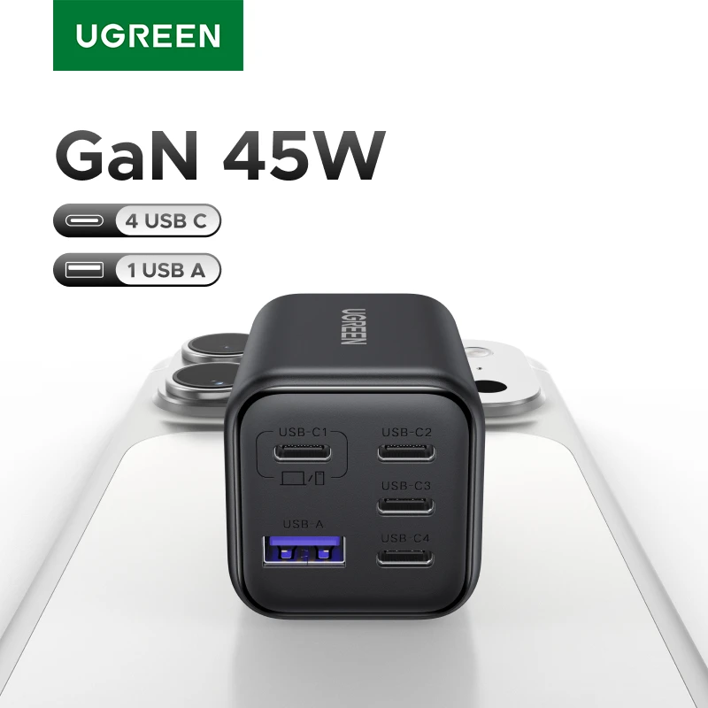 

Зарядное устройство UGREEN 45W GaN с 5 портами PD 3.0 UFSC PPS для iPhone 17 16 15 Pro Max, Samsung S25, Xiaomi, планшетов, iPad Air, быстрое зарядное устройство USB-C