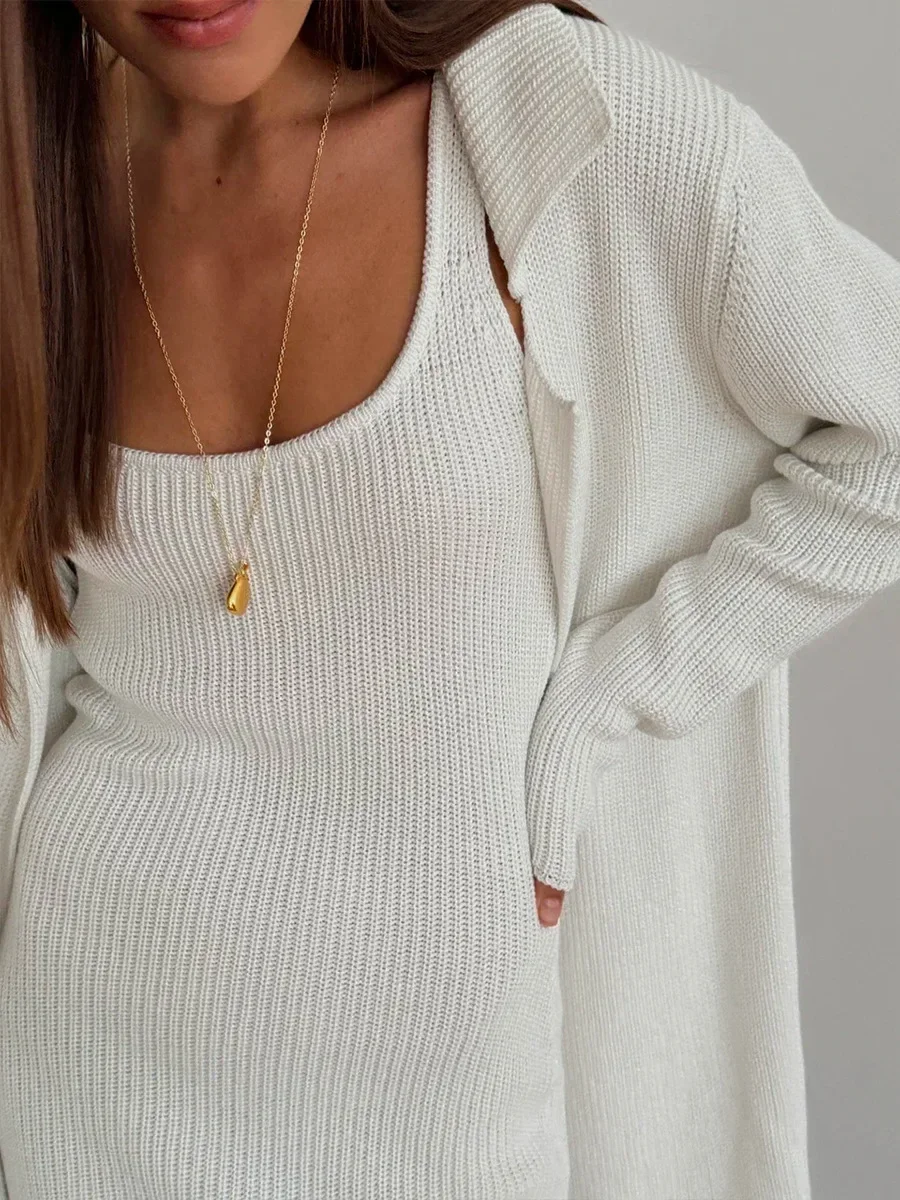 

Sumuyoo The New 2026 Spring and Summer Pure-color Casual Knitted Suit Set Includes A Sleeveless Dress and A Cardigan Jacket
