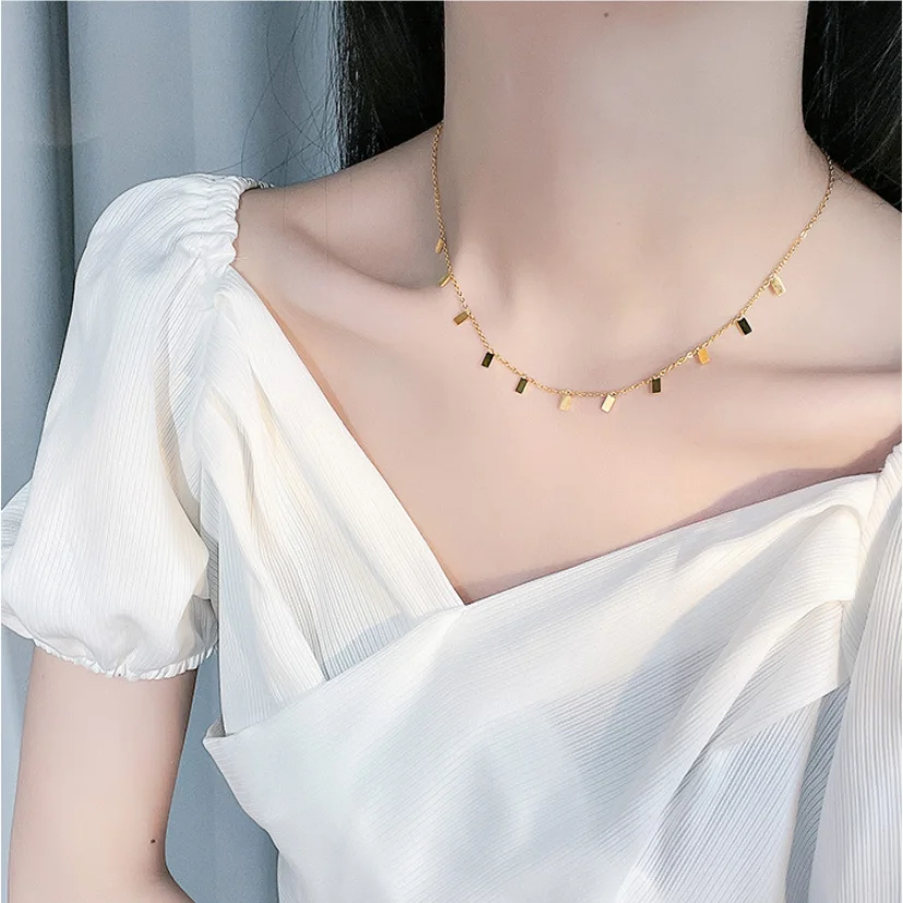 316L Stainless Steel New Fashion Upscale Jewelry Geometric Square Tassel Charms Chain Choker Necklaces & Pendants For Women