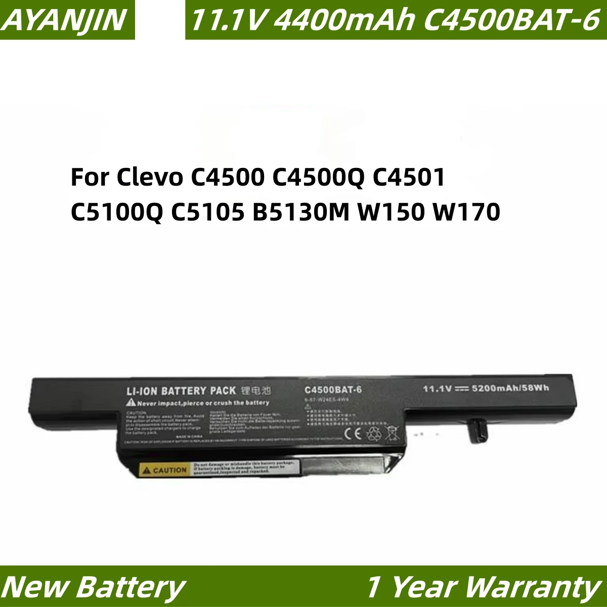 C4500BAT-6 11.1V 4400mAh Laptop Battery for Clevo C4500 C4500Q C4501 C5100Q C5105 B5130M W150 W170