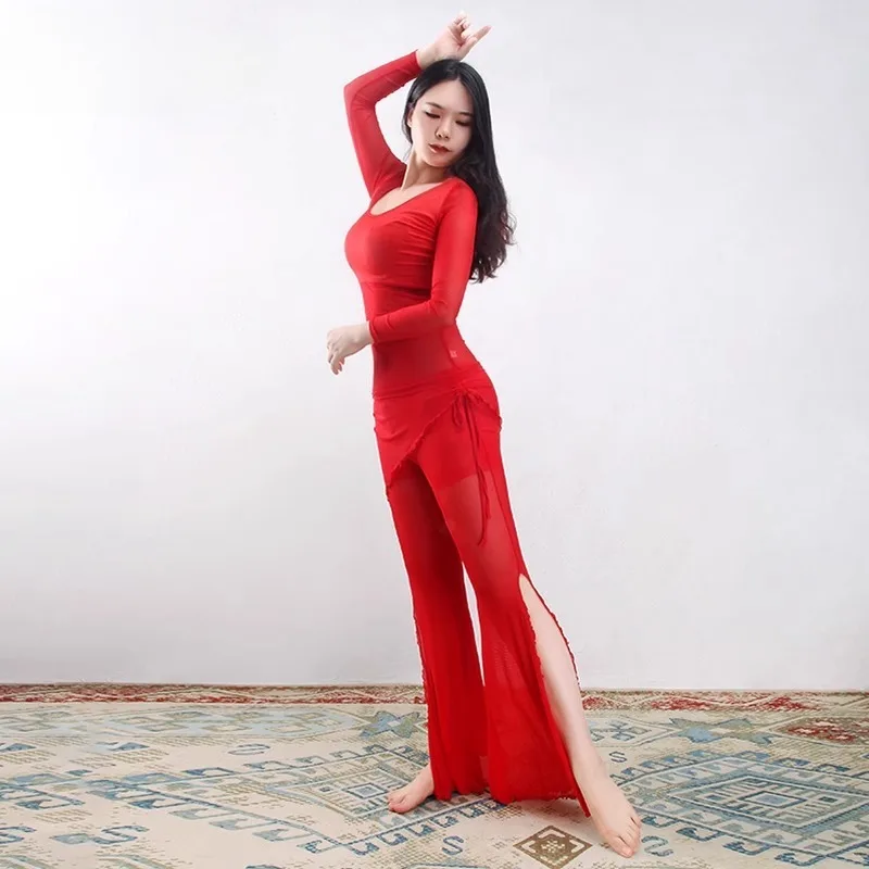 Dostosowane stroje do tańca brzucha Sukienka treningowa 2025 Seksowny zestaw do tańca z siateczki dla dorosłych Początkujący Kobieta Tanie ubrania Top i spodnie