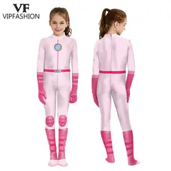 VIP FASHION Girls Peach Cosplay Costume Game Princess Spandex Zentai Bodysuit Full Cover Halloween Jumpsuit Holiday Party Outfit