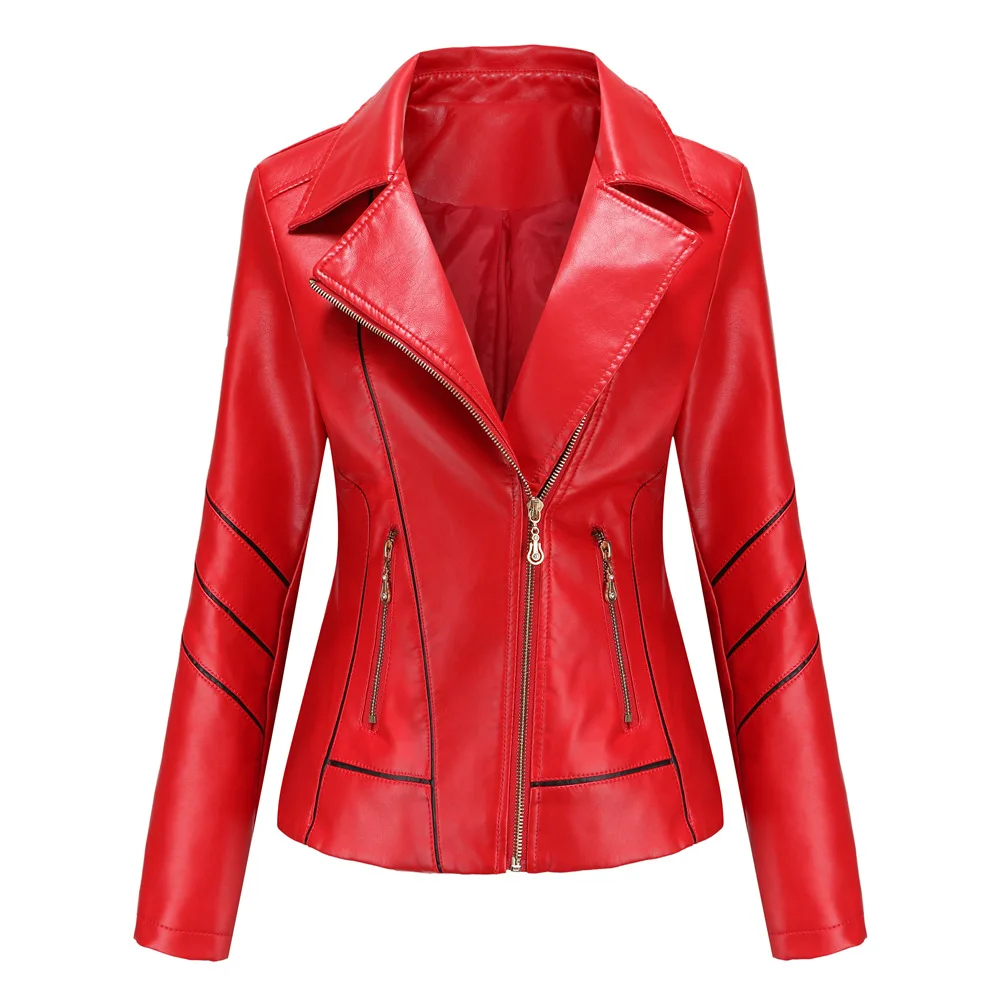 Jaqueta de couro PU feminina, lapela branca, sobretudo de motocicleta, casaco casual, vermelho, preto, verde, Casacos, feminino