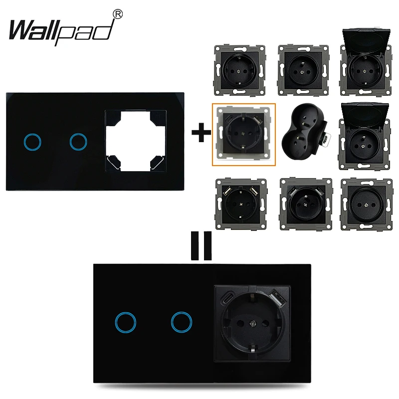 

DIY 1 2 3 Gang EU Touch Switch and Socket with USB Type c A Black Crystal Glass Panel Home Improvement