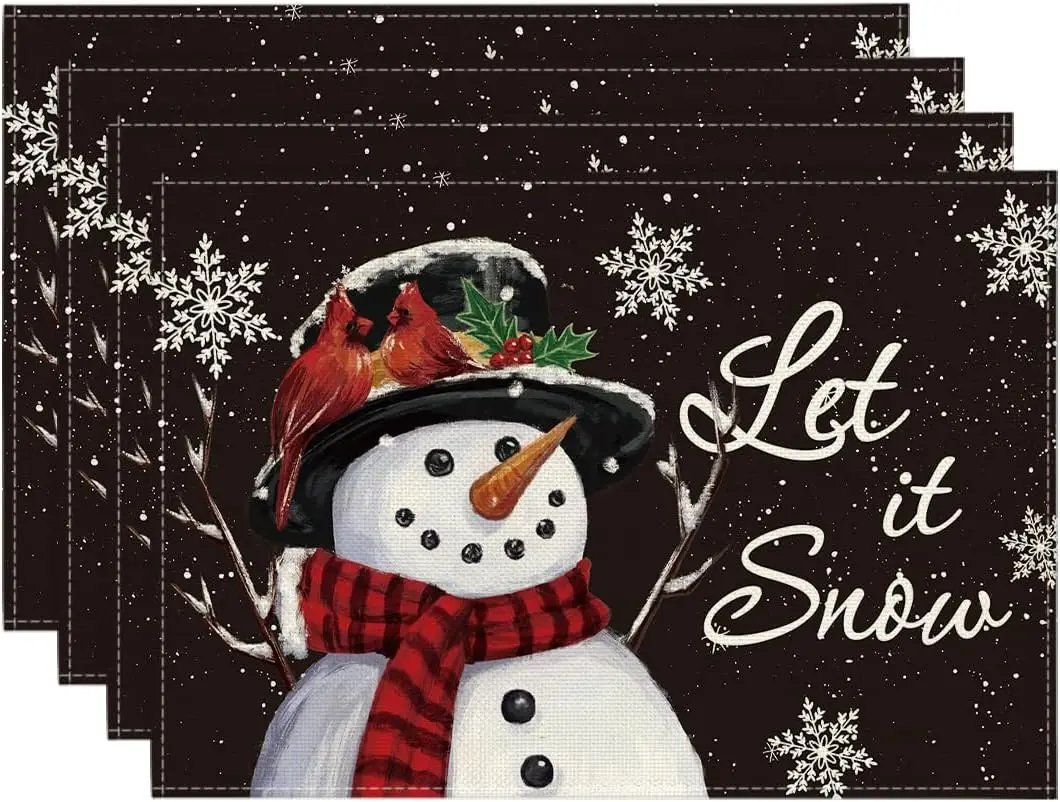 Black Snowman Let It Snow Winter Placemats Set of 4, 12x18 Inch Christmas Table Mats for Party Kitchen Dining Decoration