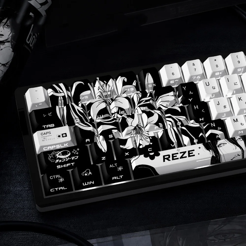 New Reze Cherry Profile PBT Keycaps 5-Side Dye Sub Side Print Shine Through Japanese/Russian Cyrillic Keyboard Caps 74/129 Keys - view 3