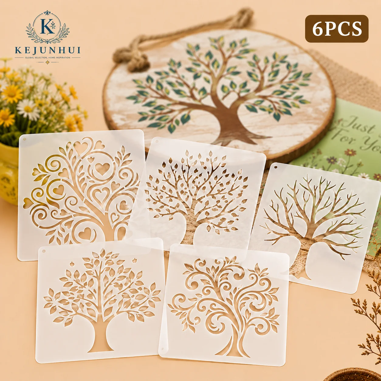 6Pcs 3.9x3.9in Tree of Life Stencils Reusable PET DIY Painting Stencils Love Tree Craft Templates Wall Wood Fabric Home Decor