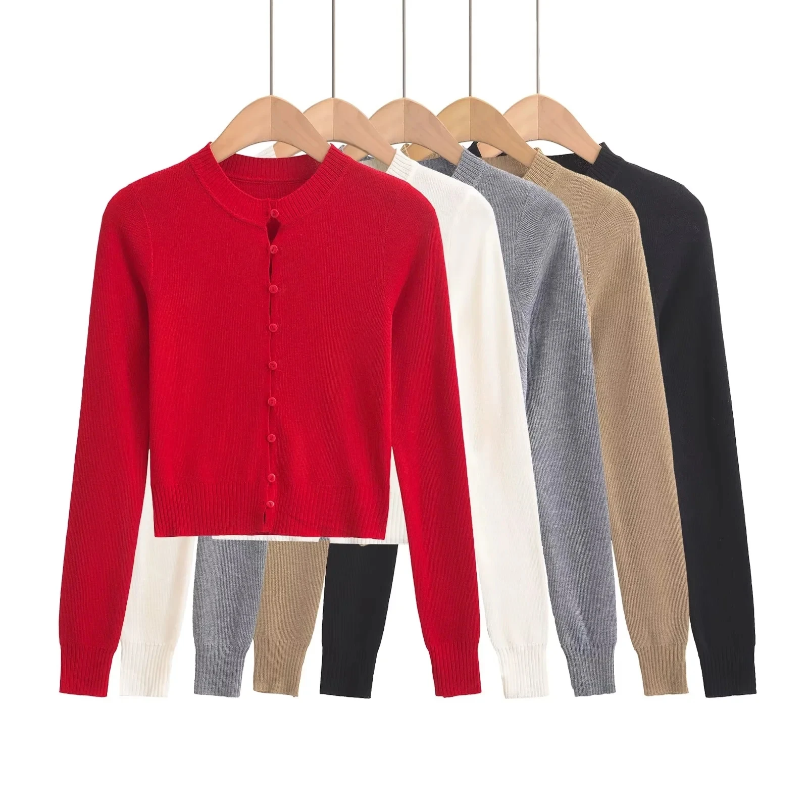 

Women's round Ne Long Sve Knitted Sweater ort Sle Slim Fit Spring Autumn 2024 New Single Button Open Cardigan Top