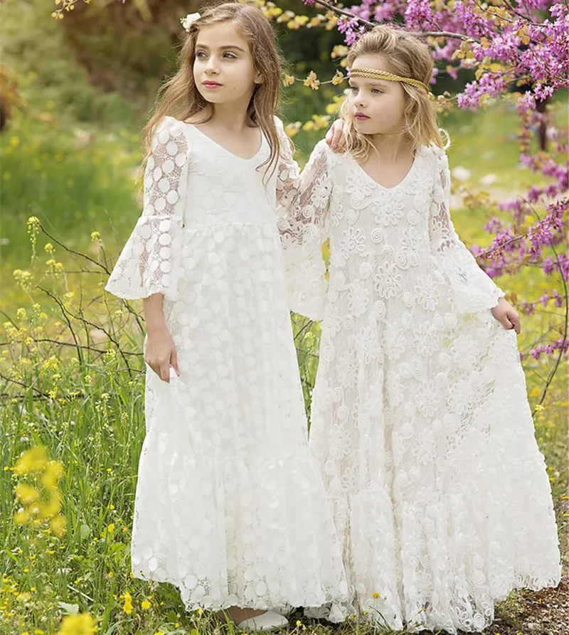 Flower Girl Dress with White Girls Princess Wedding Party Dress Girl Birthday Dresses Fashion Girl Vintage Dresses