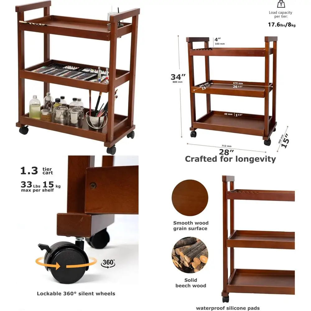 

Тележка для художественных принадлежностей из березы с колесами, универсальная тележка для хранения для взрослых и художников, отделка из орехового дерева
