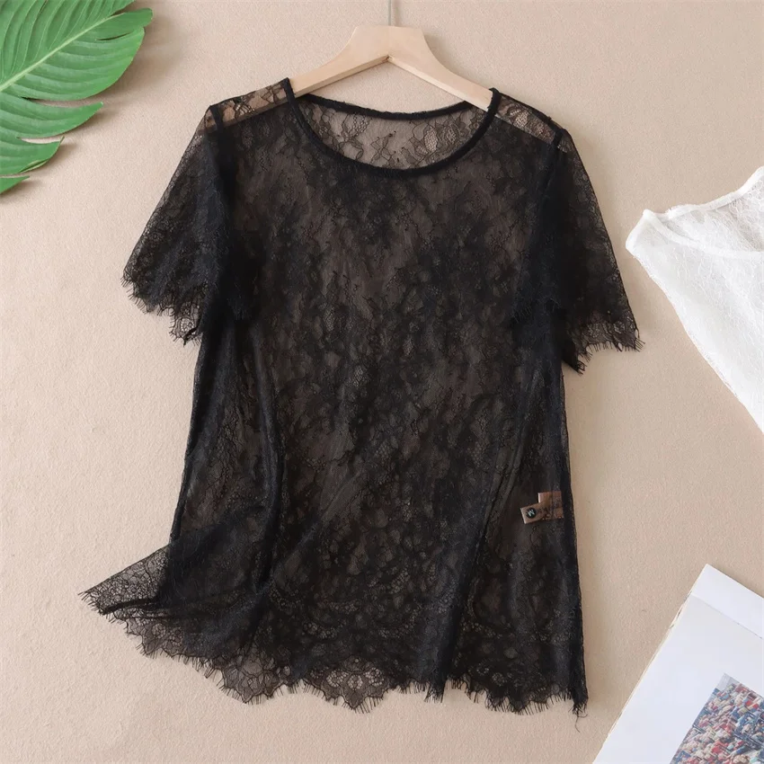 New Women Short Sleeve Lace Blouse Elegant Summer Lady O-neck Mesh Blousas Hollow Out Shirt Bottomings Pullovers Fairy WZ2577