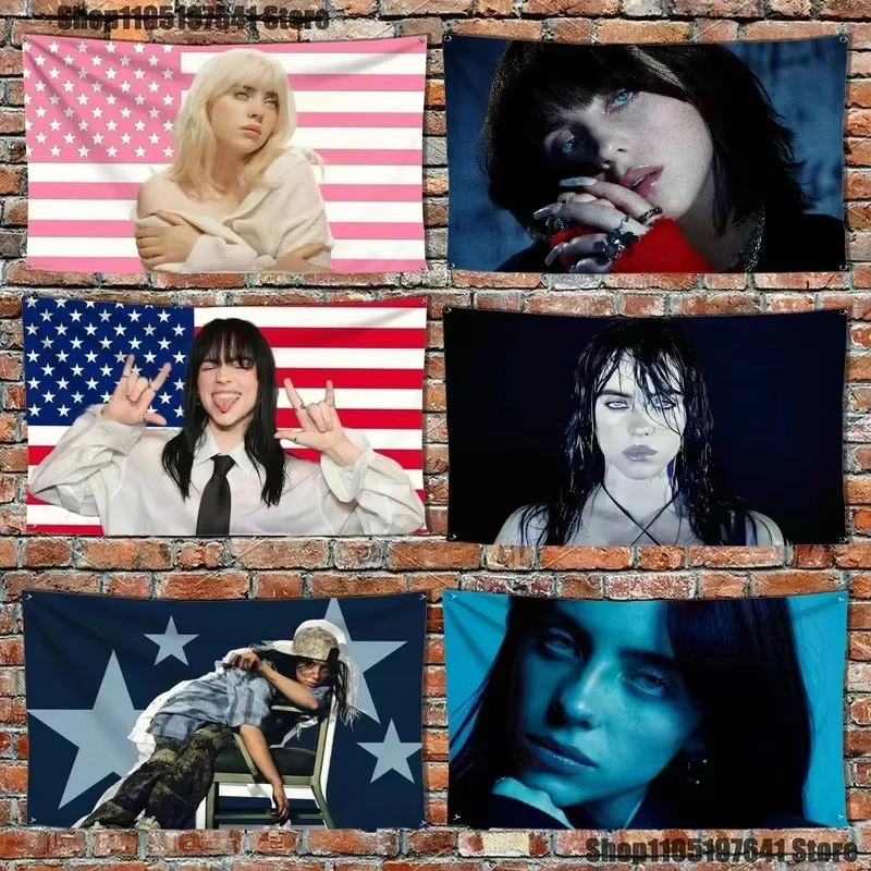 Billie Eilish Tapestry Flag, Singer Portrait Wall Hanging, American Flag Style Decor for Bedroom Dorm Fan Room