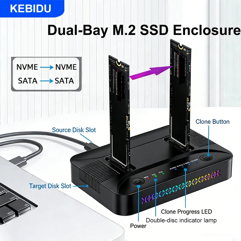 M.2 NVMe/SATA 케이스 듀얼 베이 하드 드라이브 도킹 스테이션 오프라인 복제 하드 디스크 M.2 SSD 복제기 USB GEN2 SSD 어댑터 인클로저 ,M.2 NVMe/SATA Case Dual-Bay Hard Drive Docking Station Offline Clone Hard Disk M.2 SSD Duplicator USB GEN2 SSD Adapter Enclosure