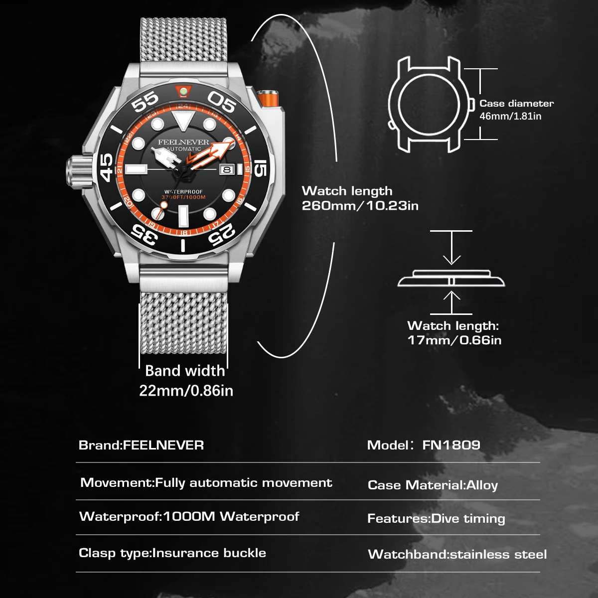 FEELNEVER Luxury Automatic Diver Watch Men Sapphire Stainless Steel Bracelet 1000M Waterproof Mechanical Wristwatches for Men view 6