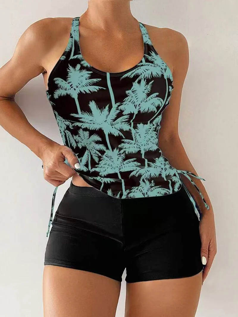 2025 Bikini Sexy de dos piezas de cintura alta para mujer, traje de baño con estampado de árbol de coco, traje de baño ajustado sin espalda, traje de baño para playa con cordón