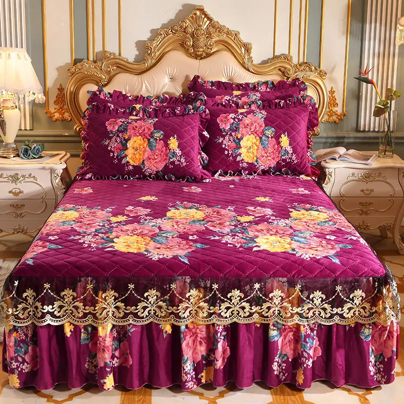 

High Quality Thicken Fine Short Plush Quilted Bed Skirt King Queen Size Warm Velvet Bedspread Not Including Pillowcase