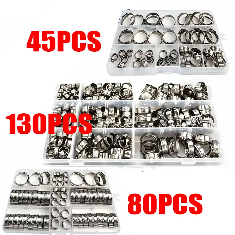 Assortment Kit 304 Stainless Steel Single Ear Stepless Hose Clamps Water Pipe Sealing Clip with 2 Professional Hose Clamp Pliers