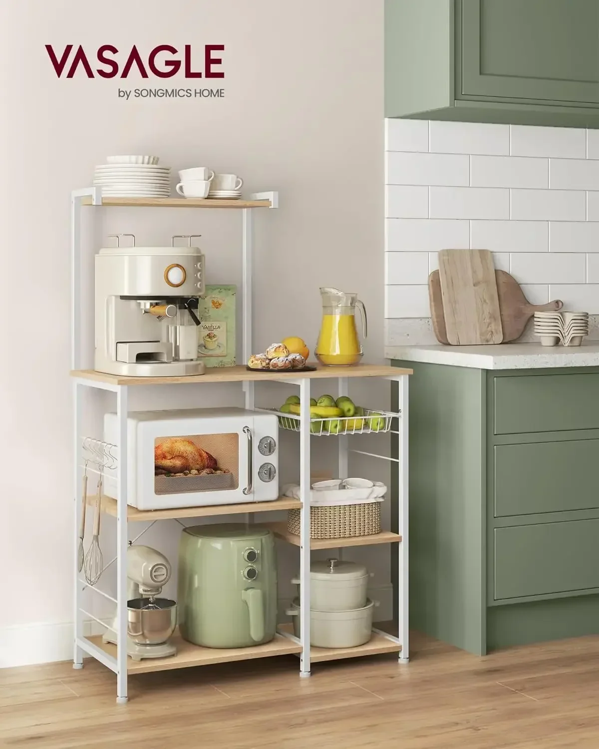 VASAGLE Baker's Rack, Microwave Stand, Kitchen Storage Rack with Wire Basket, 6 Hooks, and Shelves, for Spices, Pots