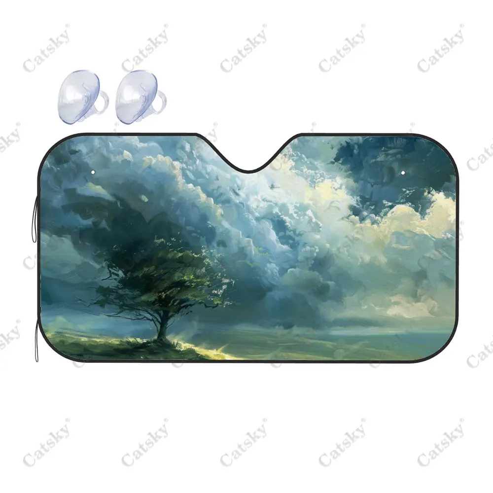 Anime Cloud Tree Scenery Car Windshield Sunshade, Auto Accessories Front Windshield Sun Visor Blocks Uv Rays Protect Decoration