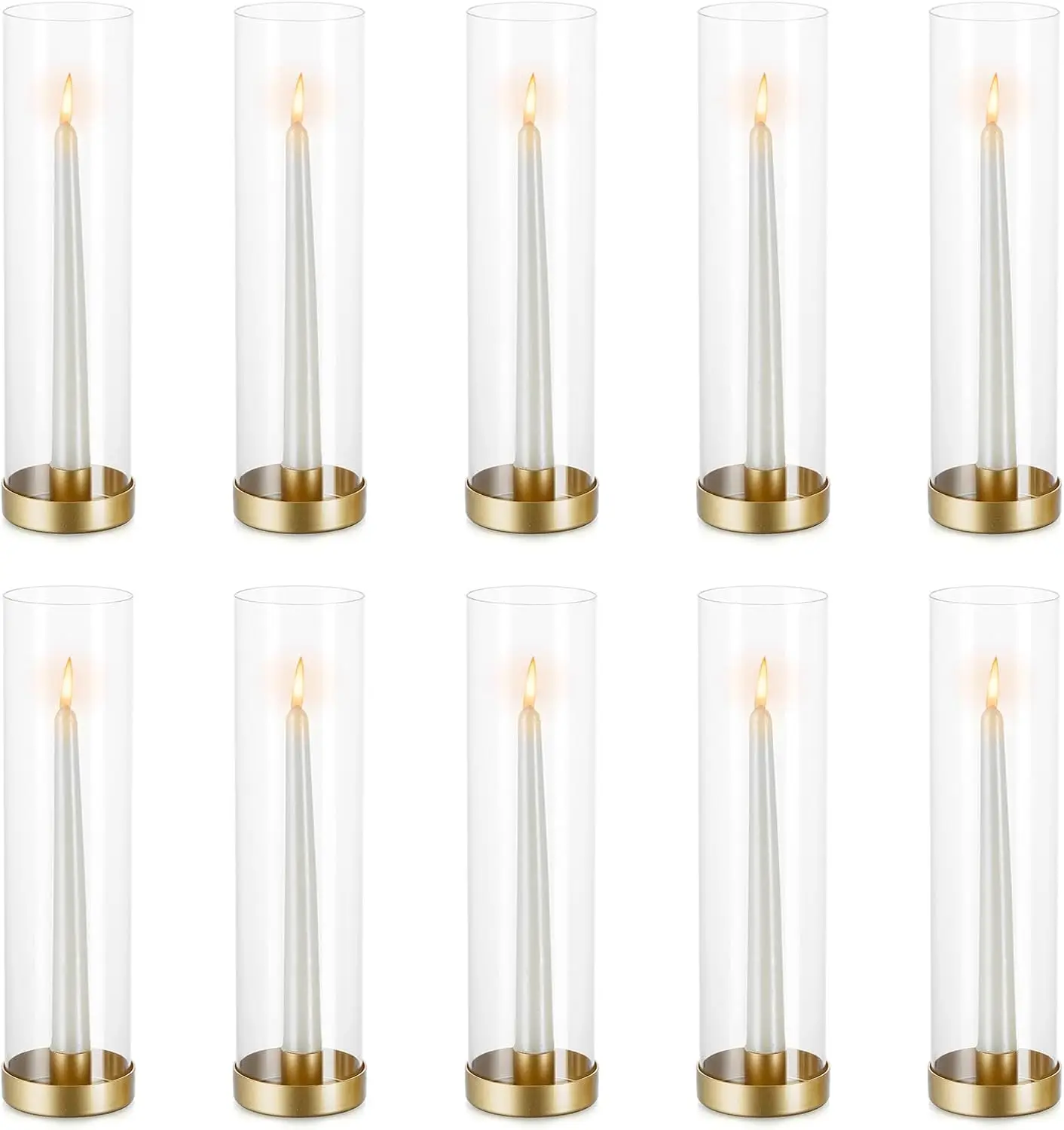 Hurricane Glass Candlestick Holders: 10 Set Bulk Gold Taper Candle Holder Metal Candle Stick Stand with Windproof Clear Seelves