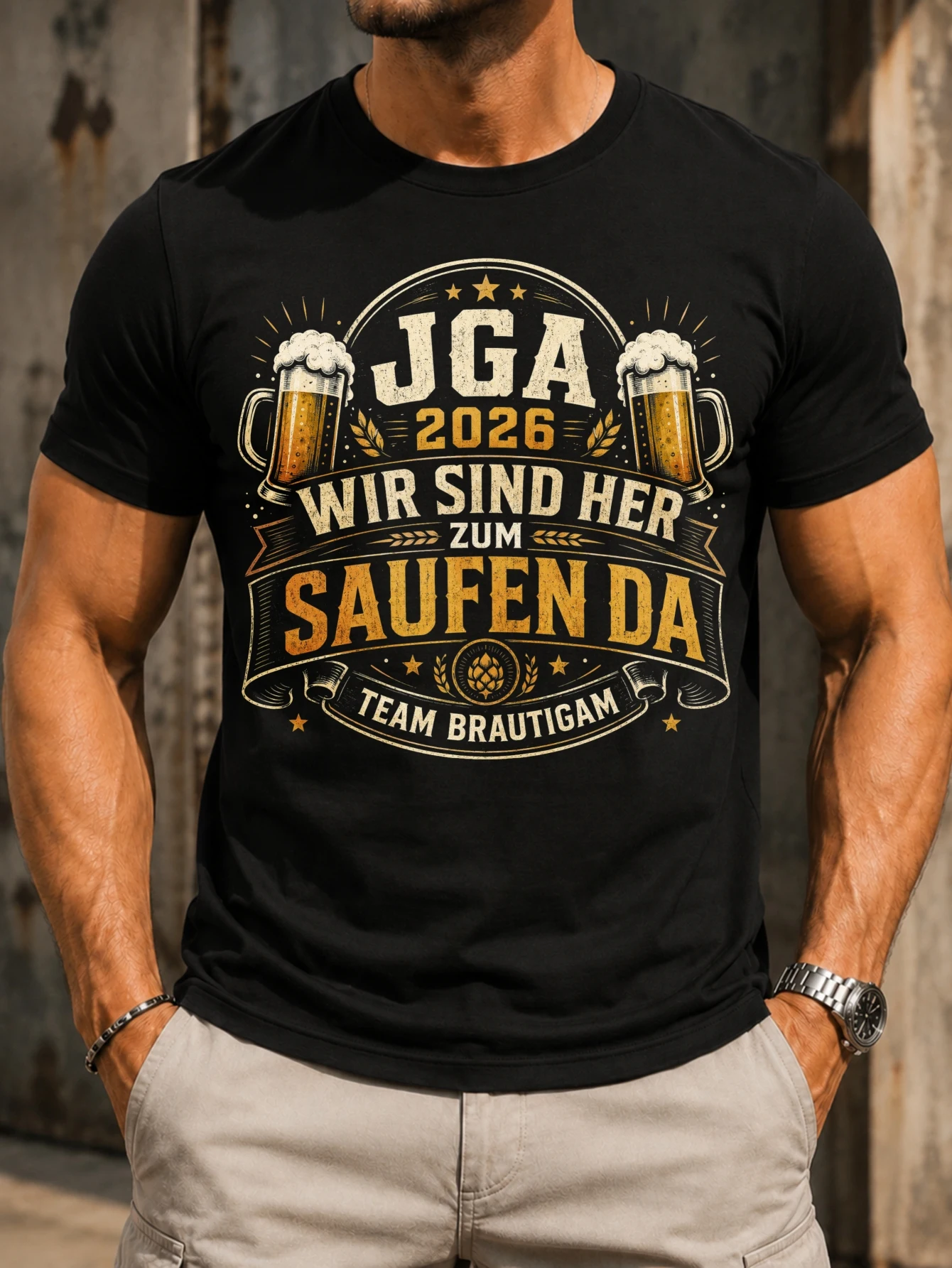 JGA 2026 Wir Sind Her Zum Saufen Da  vintage beer Team Brautigam ribbon foamy  rustic style Unisex  Unisex All T-Shirt