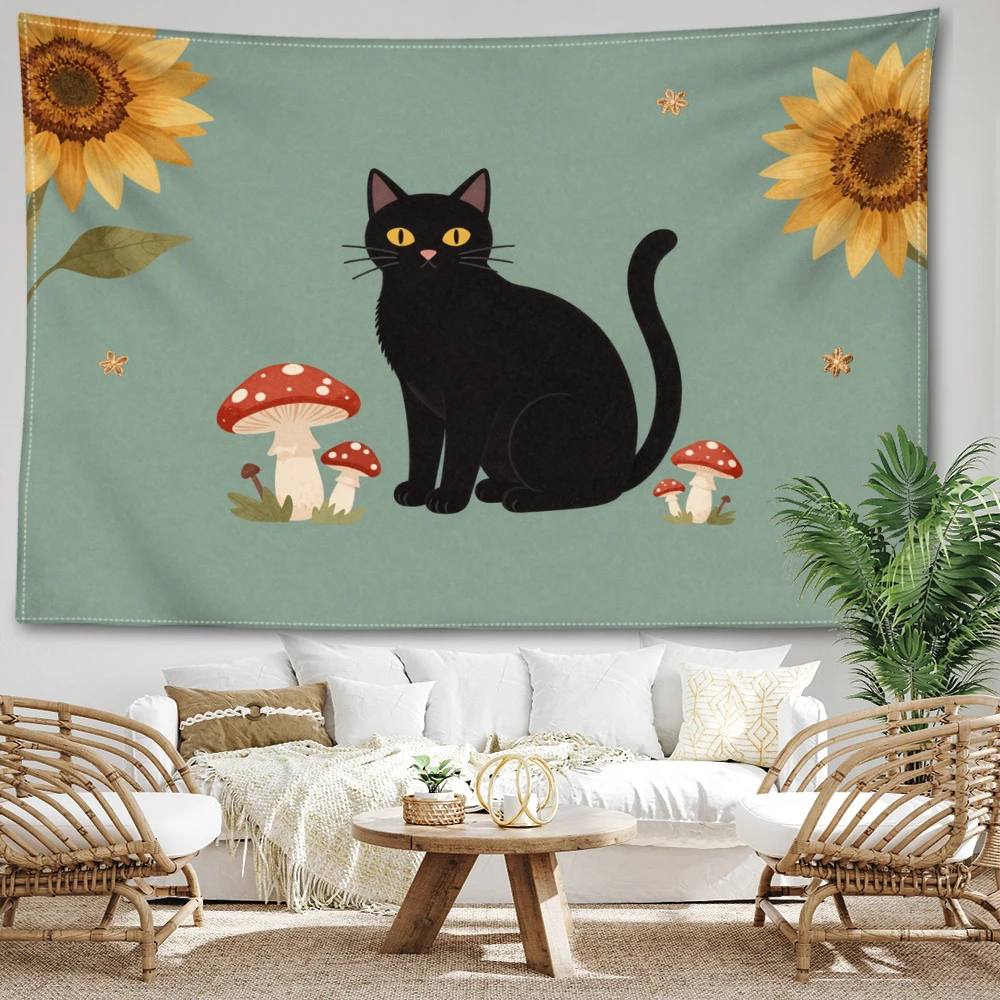 Grey Green Black Cat Sunflower Mushroom Wall Tapestry, Whimsical Boho Decor