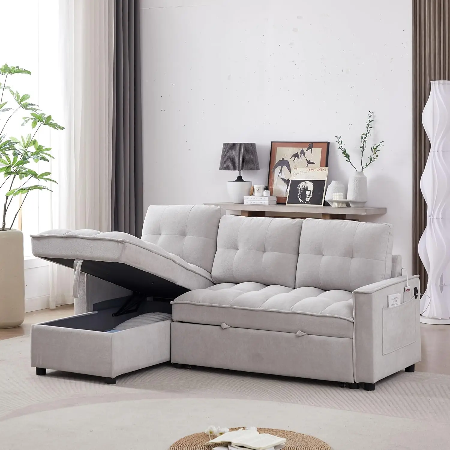 #Reversible Sleeper Sectional Pull-Out Bed Ports L-Shape Living Room Office Apartment