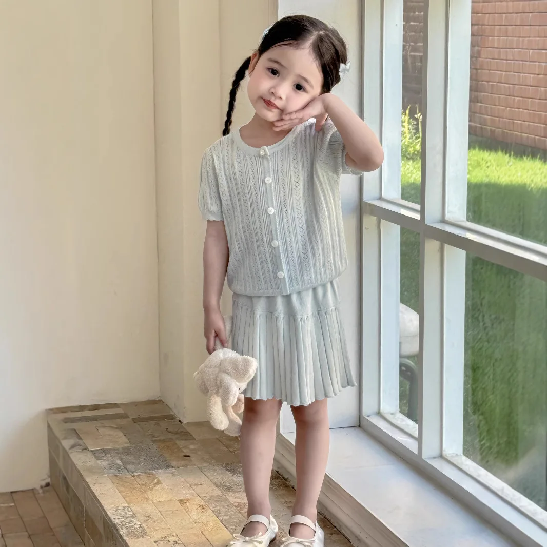 

2026 Summer New Korean Girls Knitted Top Hollow Knitted Short Sleeve T-shirts Versatile Girls Round Neck Top