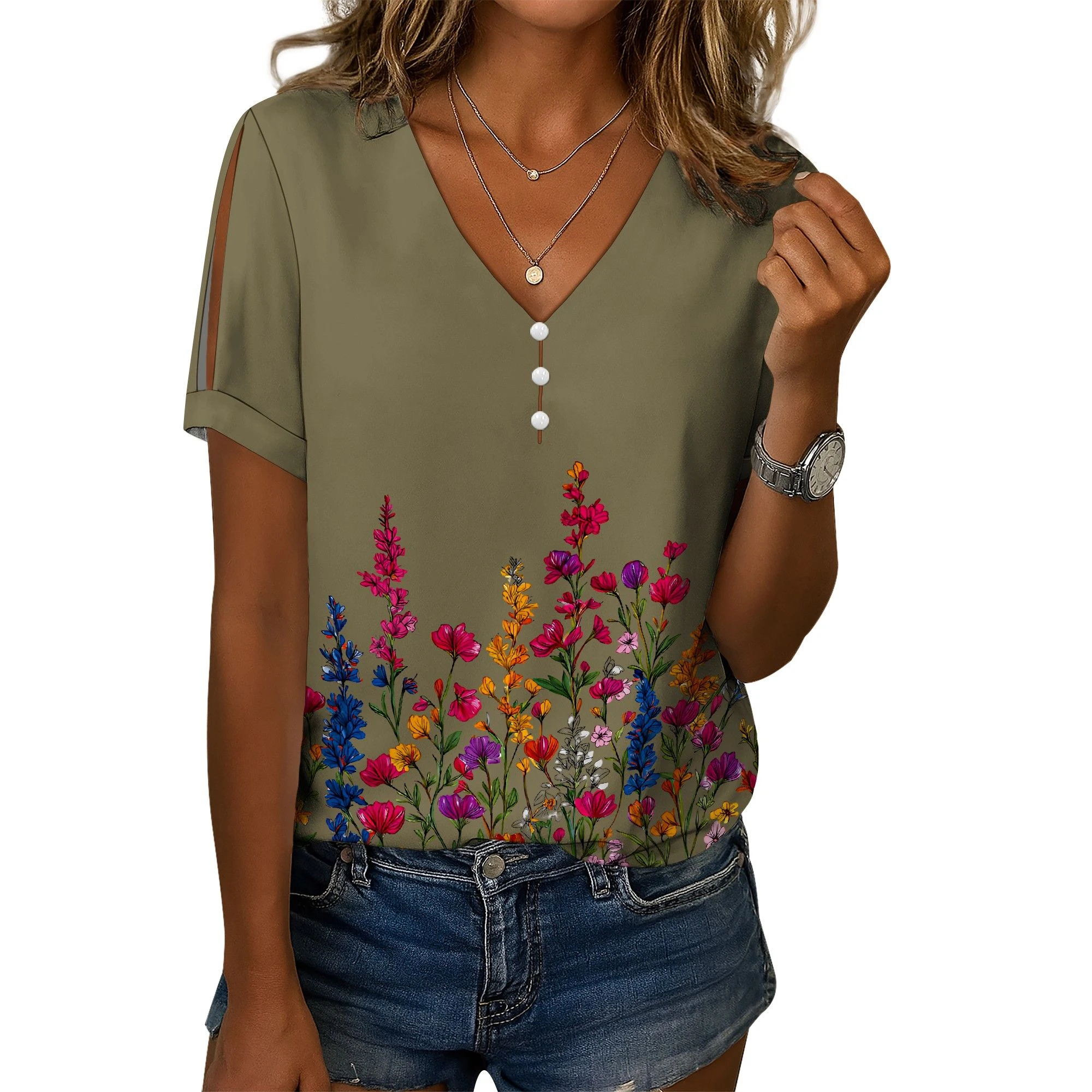 

2025 Fashion Simple Women's Sexy V-Neck Shirt Loose Top Floral Pattern Casual Breathable Summer Women's Versatile Shirt
