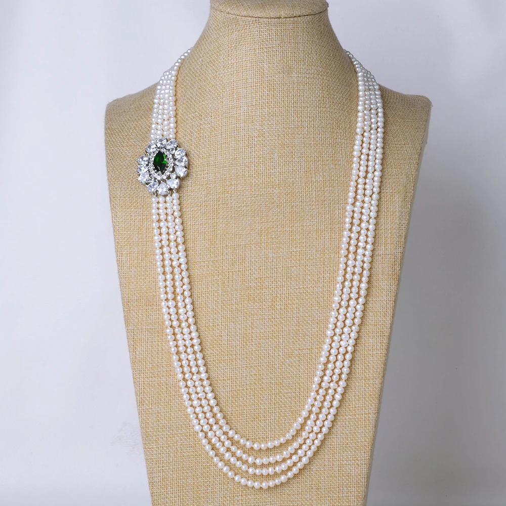 

30-33" 4 Rows Natural Freshwater Cultured White Pearl Green CZ Connector Necklace For Women