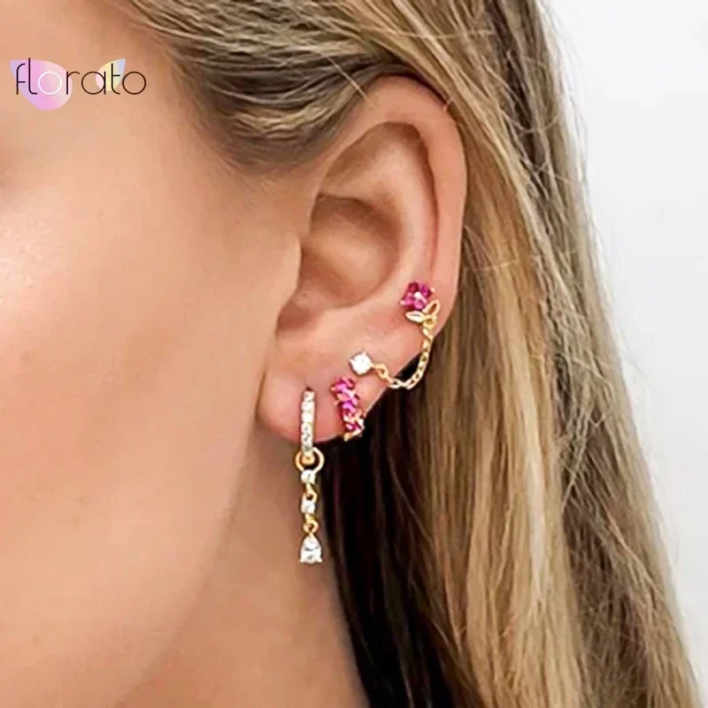 925 Sterling Silver Needle Fashion Rose Red Crystal Pendant Earrings Hoop Earrings for Women Elegant Temperament Jewelry Gifts