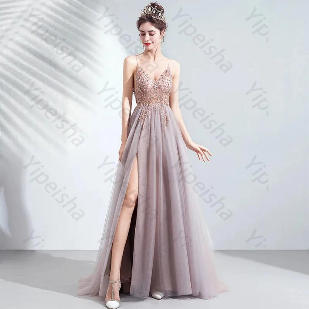 Robe de soirée en Tulle rose de haute qualité, longueur au sol, col en v, bretelles Spaghetti, robe de bal avec des Appliques de perles, ligne a personnalisée