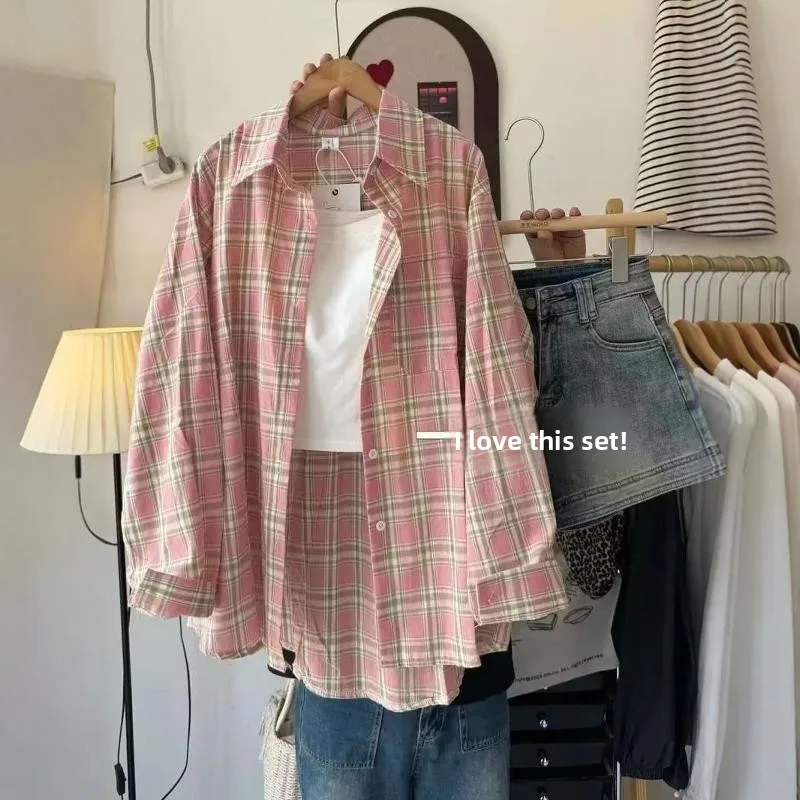 

Pink Plaid Pure Cotton irt Women's Lazy Sle Casual Luxury Outerwear Sun Protection Long Sve Top Layering irt