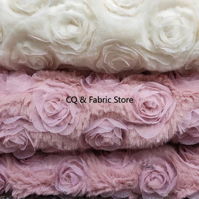 

3D Plate Rose Flower Fabric PV Rabbit Velvet Embroidered Clothing Dress Pillow Plush Toy Fashion Fabric DIY Sewing Accessories